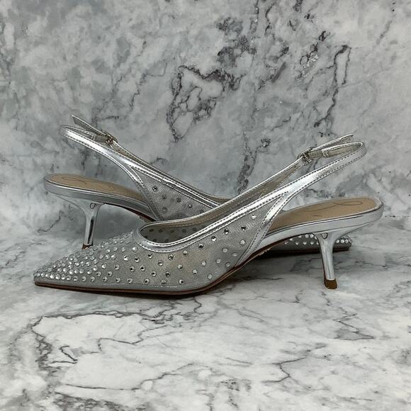 Sam Edelman 5M Silver Mesh Bianka Crystal Slingback Pumps Pointed Toe P16-21 - Picture 4 of 8